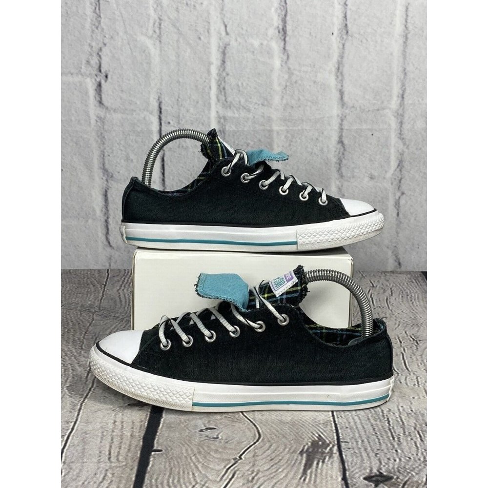 Converse All Star Double Tongue Low Black Teal Plaid 655324F Women‎ Sz 5